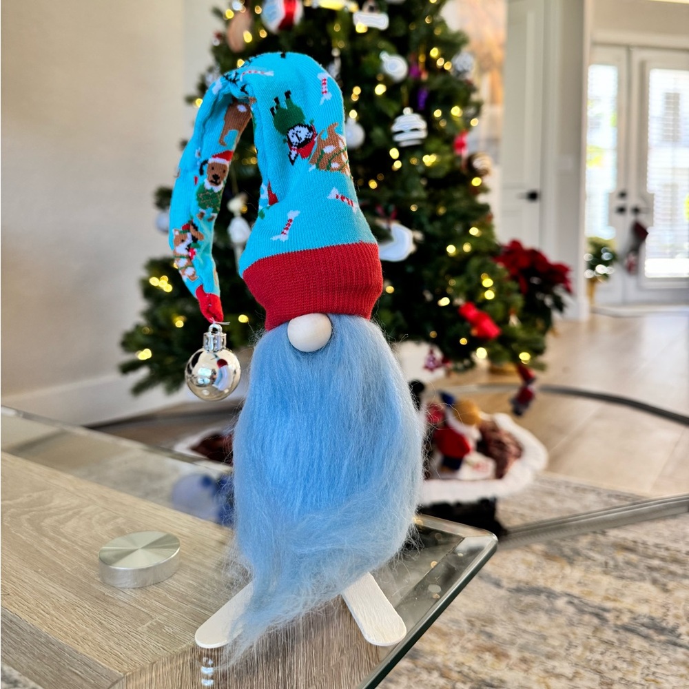 Festive Gnome with Blue Hat and Red Trim